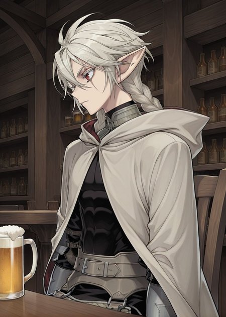 masterpiece, best quality, arms at sides, male focus, 1boy, male, indoors, bar background, holding jug, drinking beer, sitting on chair, table, facing to the side, solo, 
<lora:Koinzell:0.8>, Koinz0l, red eyes, platinum blonde hair, scar across eye, pointy ears, twin braid, platinum blonde eyelashes, cape, hooded cloak,
