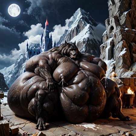 score 9, score 8, score 7, score 6, 1male, hyper muscular morbidly obese furry male, hyper huge furry breasts, huge furry belly, solo, black fur, animal ears, yellow eyes, sharp teeth, claws, werewolf, lactating, huge nipples, digitigrade, tall mountainous muscular back, hyper huge fat ass, huge abdominals, enormously immobile fat muscular werewolf, sweat, furry male, hyper muscular arms, hyper muscular legs, full moon castle scene