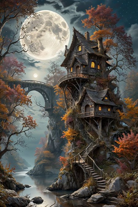Pen and Ink Drawing, full tree quarter view  of (Fairytale:1.3) hut on (two legs:1.6) on cliff in fantastic dark autumn forest, flowers, river, arched bridge, waterfall, (huge full moon:1.4), stars, light clouds and fog, silence, calmness,
8k, high resolution, Complex contrast, vibrant, extremely detailed,
style of Neal Adams, Arthur Adams,
<lora:HDRv1:1>, <lora:add-detail-xl:0.8>, fractalvines, <lora:Fractal_Vines:0.7>