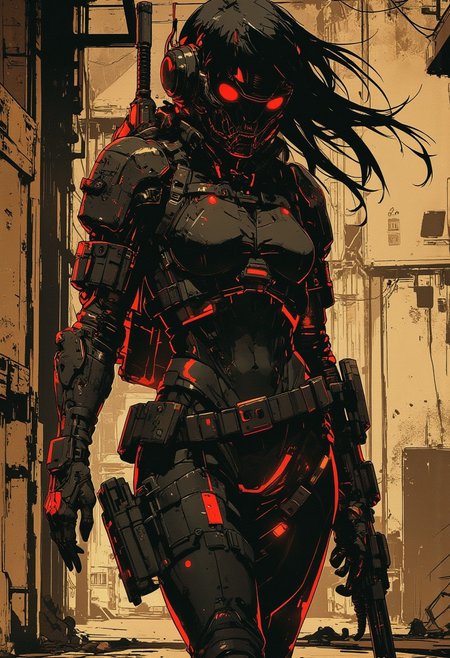 in the style of ck-mgs, nistyle, Inkplash art on rice paper, sepia, henna, Silhouette Art, magnificent, inksplash, closeup portrait, female bounty hunter, flowing black hair, reflective black and neon red armor, futuristic armor, aiming a rifle, futuristic rifle, holstered pistol, abstract background suggesting hallways of a futuristic spaceship, broken pannels and wires hanging off of the walls, eerie atmosphere, Cowboy Shot, close up,