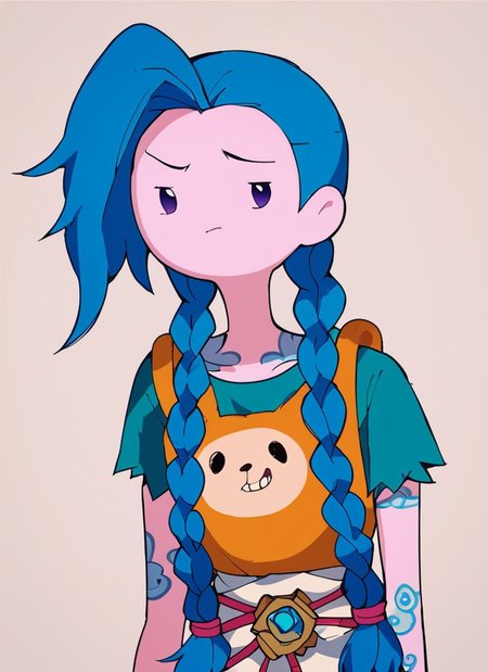 <lora:Adventure_Time_Style_LORA:1>, score_9, score_8_up, score_7_up, , adventure time style, flat color, vector ilustration, (dot eyes), round face,, jinx, league of legends,blue tattoos,  blue hair, two braids,purple eyes