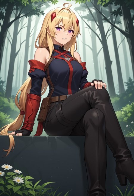zPDXL3, score_9_up, score_8_up, score_7_up, (Anime_source), 1girl, Ines Harness from Parry, purple eyes, blonde hair, long hair, low tie ponytail, parted lips, STANDING ON WHITE BACKGROUND, air_bow, red_bow, red_ribbon, bare_shoulders, elbow_gloves, belt, bet_pouch, fingerless_gloves, shirt, detached_sleeves, black_shorts, thigh_boots sitting_pose, hand_on_own_knee, hand_on_own_thigh, hand_on_own_chin, crossed_legs, looking_at_viewer, pout, slight_smile, light_blush, parted_lips, amaranth_forest, towering_trees, glowing_mist, bioluminescent_flowers, peaceful_wildlife, ethereal_light, mystical_vibes, tranquil_aura, vibrant_foliage, glowing_fog, magical_atmosphere, fantasy_nature, painterly_style