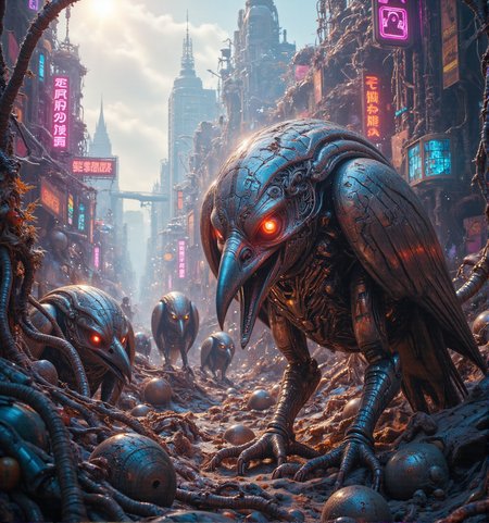 A cyberpunk-style image of several metallic robot crows with piercing, glowing red eyes scavenging through a futuristic dystopian junkyard, littered with decaying metal structures and neon-drenched debris. The crows, with intricate mechanical details and sharp, metallic beaks, are depicted amidst the chaos, their glowing eyes scanning the environment for usable parts. The scene is bathed in the harsh, white light of the midday sun, casting harsh shadows on the twisted metal. The crows, in their sleek, articulated forms, appear both ominous and efficient, perfectly adapted to the harsh reality of this dystopian landscape. The lighting is a mixture of the harsh sunlight and the remnants of faded neon signs, creating a surreal and unsettling atmosphere. This striking image captures the stark beauty and dark atmosphere of the cyberpunk genre, hinting at a desperate struggle for survival in a technology-saturated wasteland Midjourney_Whisper