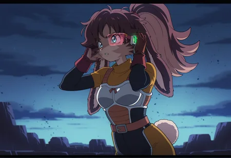 anime screencap, anime screenshot, anime coloring, 1girl, furry female, rabbit girl, long hair, brown hair, ponytail, blue eyes, furry, saiyan armor, bodysuit, scouter, hand on ear, cowboy shot  <lora:lop_illus:1>, masterpiece, best quality, amazing quality, very aesthetic, absurdres, highres, newest
