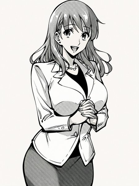 score_9, score_8_up, score_7_up, 
1girl, monochrome, mayumi nk, grey hair, long hair, large breasts,

standing, smile, open mouth, looking at viewer, grey skirt, white jacket, black t-shirt, standing, formal, own hands together, white background,