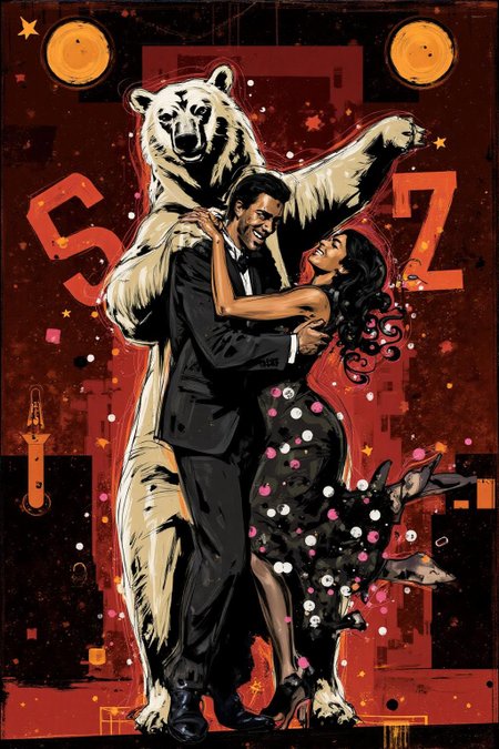 poster illustration of a man and a woman dancing with a polar bear at a jazz club.  <lora:posterillustration_cap_d8a4e11:1.0><lora:846223327711455598:0>