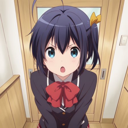 masterpiece, best quality, amazing quality, 1girl, solo, love_chunibyo_other_delusions_takanashi_rikka, standing, no eyepatch, school uniform, short hair, one side up, blue eyes, :o, black hair, open mouth, looking at viewer, bow, ahoge, jacket, red bow, blazer, v-shaped eyebrows, anime coloring, ribbon,  skirt, <lora:Takanashi_Rikka:0.7>