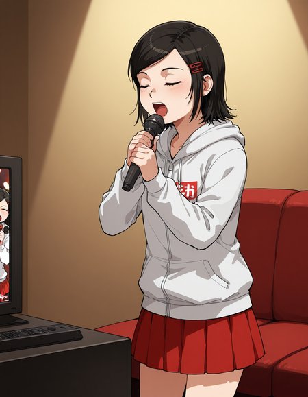 1girl, <lora:Sawamura_Haruka_IllustXL:0.8> sawamura_haruka, black hair, hair ornament, short hair, hairclip, black eyes, hood, hoodie, long sleeves, skirt, red skirt, pleated skirt
solo, closed eyes, karaoke, karaoke box, singing, holding microphone, spotlight, indoors, dark