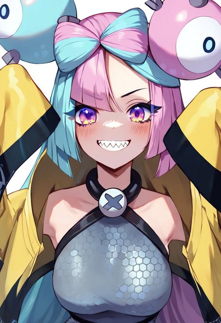 (score_9, score_8_up, score_7_up, score_6_up, score_5_up, score_4_up), hi res, masterpiece, best quality, highres, iono (pokemon), 1girl, blush, character hair ornament, eyelashes, green hair, grey shirt, grin, hair ornament, jacket, long hair, looking at viewer, multicolored hair, pink hair, purple eyes, sharp teeth, shirt, sleeveless, sleeveless shirt, smile, solo, teeth, two-tone hair, upper body, yellow jacket