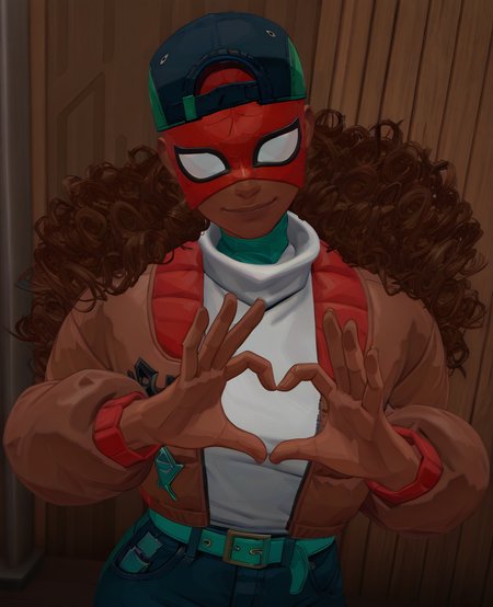 masterpiece, best quality, amazing quality, highres, absurdres, intricate detail, solo, sz1, 1girl, brown hair, curly hair, long hair, dark-skinned female, baseball cap, mask, jacket, undershirt, turtleneck, jeans, belt, looking at viewer, portrait,  <lora:Spider_Zero_IILUS-000009:0.9>,  dynamic angle, heart hands, smile