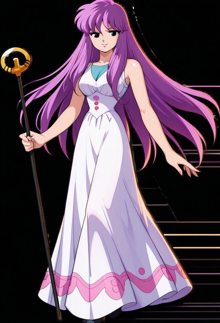 masterpiece, best quality, amazing quality, very aesthetic, absurdres, newest,shiny skin,, anime screenshot,  anime coloring, xdive, athenakido, sleeveless dress,,Long dress, purple hair, aqua eyes, retro artstyle, black eyes,, Walking stick in hand, smile, full body, Black background, sexy pose,