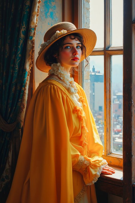 by Waterhouse, John Constable, Ed Blinkey, Atey Ghailan, Studio Ghibli, Jeremy Mann, Greg Manchess, Antonio Moro and makoto shinkai, painting, In the center of the canvas, a woman with piercing turquoise eyes and wide-brimmed hat stands in front of a large window. She wears a yellow cloak that billows in delight as she gazes up at her kneel, ready to take flight once again. detailed, masterpiece, Satisfying, side lit, F/2.8, Monochrome