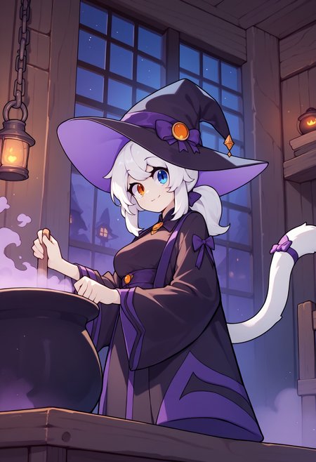score_9,score_8_up,score_7_up, source_anime,
1girl, white hair, orange eyes, blue eyes, heterochromia, medium breasts, ponytail, medium hair, cat girl,tail, witch hat, black robe,cauldron, purple fog,purple smoke,old hut, indoors, wooden interior,tail ribbon, smiling, night, <lora:Fizintine_v1-000010:0.95>