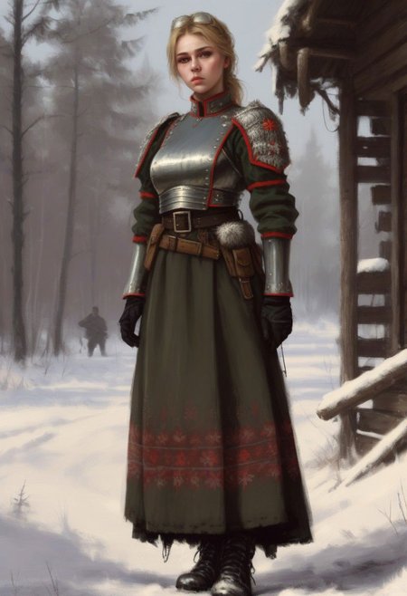 beautiful slim large-breast young heavy-armor female Russian soldier, long dress, socks, boots, digital painting in jrst artstyle