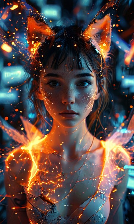 girl with fox ears surrounded by information technology processes, masterpiece, fantasy, digital art, highly detailed, overall detail, atmospheric lighting, Awash in a haze of light leaks reminiscent of film photography, awesome background, highly detailed styling, studio photo, intricate details, highly detailed, cinematic, <lora:MJ52:0.6>,  <lora:add-detail-xl:0.6>,  <lora:glowneon_xl_v1:0.5> glowneon, glowing, sparks,  <lora:gl1tchXLP:0.7> gl1tch, glitch