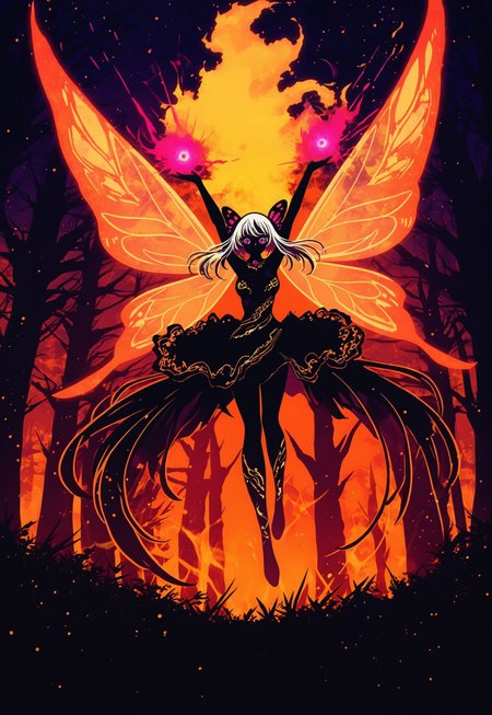 masterpiece, best quality, amazing quality, very aesthetic, absurdres, newest, LeIsT0_illu, harada miyuki style, b3rr1_illu, 
BREAK,
1girl, solo, translucent breast wrap, silk clothing, flowing flower skirt, butterfly wings, floating, long white hair, purple eyes, medium breasts,
alcohol ink sketch, vibrant smoldering accent, shiny gold color scheme, arms above head, arms spread, fire arcs, fire slashes, magic swirls, fire swirls,
BREAK, orange monochrome background, forest, night, moonlight, mysterious atmosphere, outdoors, dramatic lighting, detailed background, deep contrast, limited color palette, high contrast black, dramatic composition, 