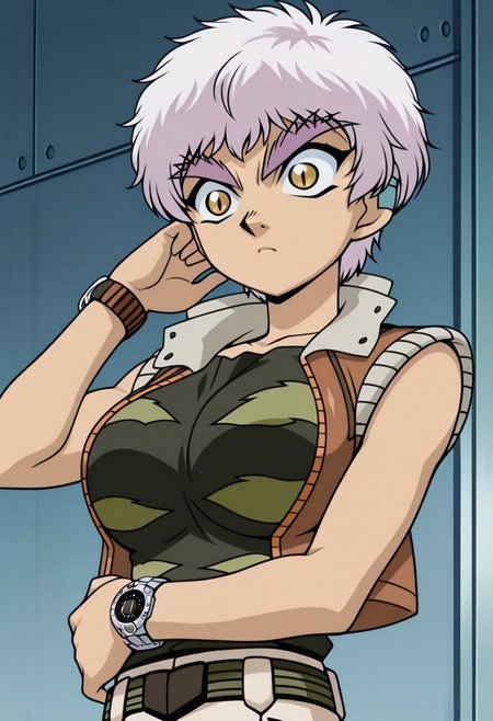 score_8_up, score_7_up, anime screencap, anime art style, best quality, hyper detailed,masterpiece,bakugan mechtanium surge, anime screencap,anime art style,1girl,tom boy,bakugan,paige /(bakugan/),pamela schwartz,sleeveless jacket,open jacket,yellow eyes,white hair,solo,watch,short hair,wristwatch,parody, large breasts