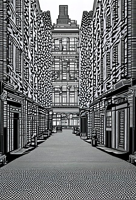 Pointillist style with small, distinct dots of color that blend together to form an image, [building|door|window|stairs|balcony|wall|brick|eaves_details:0.8], [Street|Landscape|Foliage|Pedestrian|Vehicle_Details:0.7], [metal|glass|wood|stone|cement|brick|textile_texture:0.8], small dots, distinct, blend together, dotted, intricate, optical illusion, vibrant, detailed