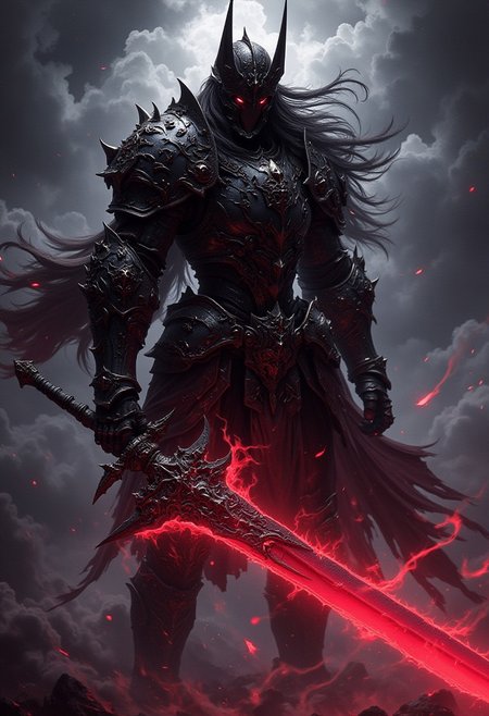 CloseUp, Upper Body Shot, Retro anime Pop art FredFraiStyle long haired demonic shrouded Silhouette of a Knightess with towering war crown Standing Battle ready with powerful weapon, vibrant pastel colored in Grey and DARK red, Highly detailed anime-style close-up action scene of a knight in intricately patterned armor. The focus is on the knight’s sword, showcasing the deep black and red blur of light that trails with the swift motion of the weapon, capturing the dynamic speed of the fighter. The scene is set in a misty, fog-filled night with a vibrant color palette with deep blacks. The background is hazy, while motion streaks and dynamic lighting enhance the sense of speed and intensity, with the knight’s glow piercing through the mist.