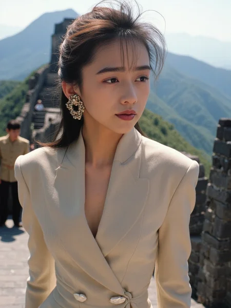 There are wonderful studio lights and various reflections,
18yo beautiful cute girl with blushing and female orgasm.skin naturally showing the texture of blood vessels and detailed pale skin,
--,
<lora:Kudo_Shizuka_f1_rank2_bf16:1>,she is Kudo Shizuka
--, High atop the ancient Great Wall, a woman exudes an aura of quiet rebellion and refined sensuality. Clad in a tailored, ivory dress with subtle metallic accents, she reveals just enough of her dÃ©colletage and collarbones to ignite intrigue. The dress fits impeccably, accentuating her graceful silhouette without overwhelming her modest elegance. Soft fabric drapes lightly around her, leaving the upper curve of her chest and the delicate line of her collarbones exposed to the crisp mountain air. Against the backdrop of weathered stone and expansive vistas, her presence creates a striking contrastâa modern siren against a timeless monument. Uniformed guards and awestruck visitors exchange knowing glances as they witness her serene yet provocative stance. Her eyes, filled with quiet defiance, invite a silent challenge to the ancient traditions that the Wall represents, turning the historic structure into a stage for her subtle yet potent declaration of female power and allure.