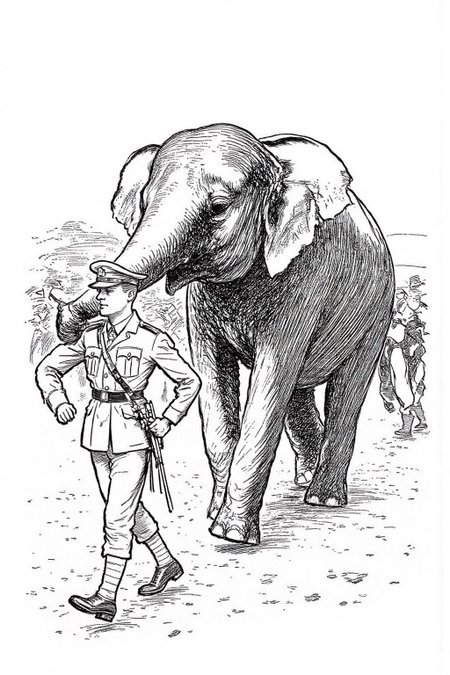 ehshep1 sketch.
A British soldier walking with a large elephant. The soldier, dressed in a World War I-era uniform is walking confidently in front of the elephant. <lora:ehshep2_cap_d6a3e12:1.0><lora:825898408595420050:0>