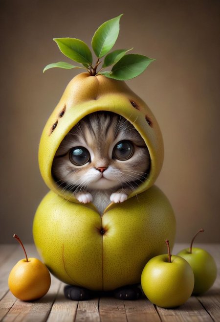 An award winning photo , a cute little baby cat,sitting around in a pear costume, (fruit) , (((cuteness overload))) <lora:add-detail-xl:1>,  <lora:WowifierXL-V2:1>, zhibi