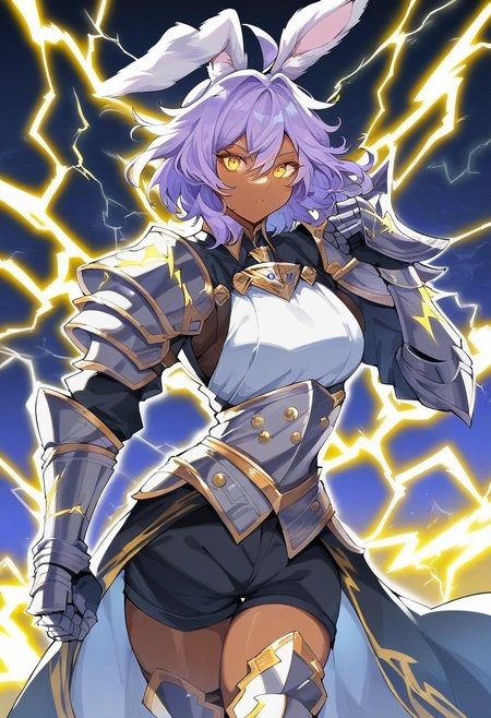 score_9, score_8_up, score_7_up, 1 woman, solo, dark skinned woman, black woman, big boobs, light purple hair, short hair, curls in front of hair, bangs, longer hair in between eyes, ahoge, light purple bunny ears, real bunny ears, floppy bunny ears, purple bunny ears, bunny ears in hair, bunny ears drooping in the back of head, necklace, knight armor, black armored shoulder plates, knight greaves on both legs, knight gauntlets, black shorts, thigh shorts, white vest, black tailcoats, black cloak, gold accents on suit, gold buttons on suit, walking in alleyway, dark alleyway, lightning, thunder, woman holding lightning, woman holding yellow lightning, yellow lightning effects on hands, yellow lightning bolt in hands, woman holding buzz, yellow thunder, yellow lightning, glowing eyes, purple glowing eyes, action pose, ready to strike,