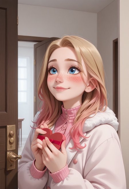 score_9, score_8_up, score_8, semi realistic, perfect detailed face, detailed fingers, perfect face, detailed eyes.
 ((1girl)), slim, small breasts, long hair, blonde hair dyed brown, pink ombre, pink inner hair, multicolored hair, blue eyes, freckles, dark makeup, 
valentine, looking slightly up, holding a love letter,
pink winter coat, 
blush, very shy, shy gentle smile, 
doorway at winter, closed door,
upper body shot,