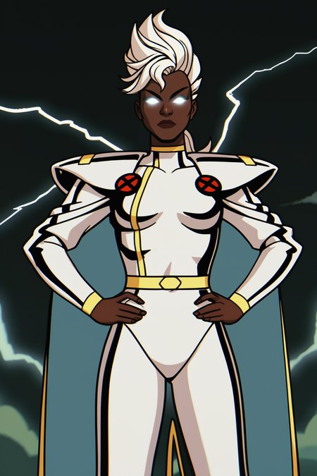 score_9, score_8_up, score_7_up, score_6_up, score_5_up, score_4_up, BREAK, <lora:Storm-000007:.8>, 1girl, Ororo, white eyes, no pupils, glowing eyes, very dark skin, white hair, mohawk, white bodysuit, white boots, white cape, standing, hands on hips, lightning