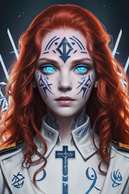 bright red hair, human female, (feminine:1.7), (beautiful face, detailed face:1.6), (beautiful eyes, detailed eyes:1.7), (looking at viewer, eye contact, intense:1.6), (long hair, red hair, curly hair:1.3), , ((masterpiece, best quality, high resolution, realistic, best quality,)), photo realistic, Perfect Face, (detailed face). <lora:GoodHands-vanilla:0.6> <lora:add-detail-xl:0.8>, mage, (Dress White military uniform coat), dagger, rune dagger, glowing runes, , (((glowing magic symbols tattoos, religious tattoos))), ((face tattoos)), glowing tattoos, stone tower in the background