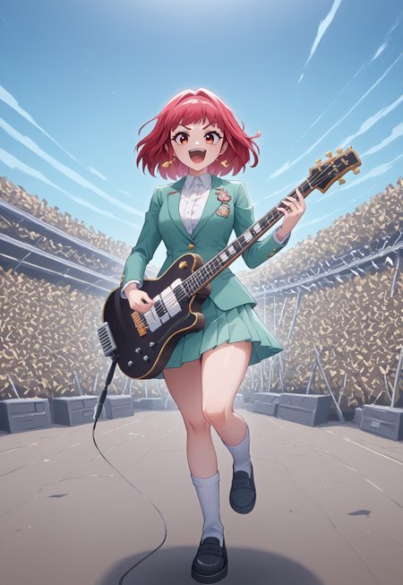 score_9, score_8_up, score_7_up, score_6_up

*Motel_42* *中* *dzktxez*

*Jubilee on AD/DC concert stage playing_instrument electric_guitar!!! She is Wearing a white shirt, green blazer, a crimson tie, and a green pleated skirt* 

The video games say play me
Face it on a level but it take you every time
On a one on one
Feeling running down your spine
Nothing gonna save your one last dime 'cause it own you
Through and through

The databank know my number
Says I gotta pay 'cause I made the grade last year
Feel it when I turn the screw
Kick you 'round the world,
there ain't a thing that it can't do

Do to you, yeah

Yeah, satellites send me picture
Get it in the aisle, take it to the world
Spinning like a dynamo

Feel it going 'round and 'round
Running out of chips, you got no line in an 8-bit town
So don't look down, no

If you made them and they made you
Who picked up the bill?
Ain't nobody told you? 
Who made you?
Who made who?

Yeah
Nobody told you