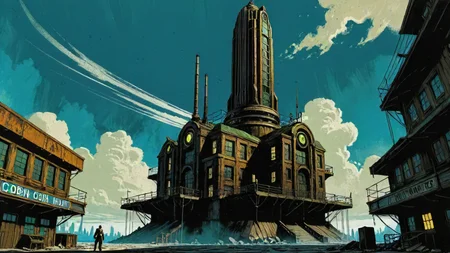 building, bioshock infinite, architecture of a [Magellanic Clouds:Dark matter:4], Sharp and in focus, by Richard Corben, moody, science fiction, ultrasharp, beautiful detailed, striking, positive emotional, exquisite color, theatrical, ambient
