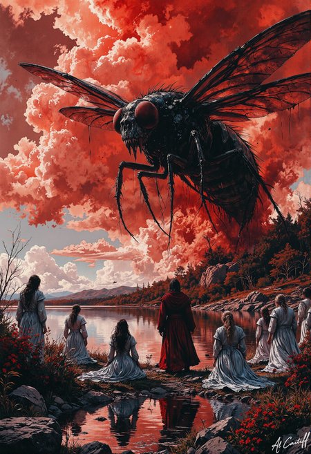 At the edge of a mirror-still lake, a coven of androgynous beings with iridescent skin and delicate, translucent wings gather in eerie unison. Their liquid silver garments ripple as they raise their arms toward the crimson sky, fingers twitching in a synchronized invocation. The air thrums with a low, droning hum as the water's surface begins to tremble. Beneath the lake, something colossal stirs. The water bulges, then erupts in a geyser of froth and chitin as a monstrous fly the size of a warship bursts forthâits veined wings glistening with mucus, its compound eyes reflecting the terrified faces of the summoners. The creature's buzz shakes the earth, dislodging rocks from the nearby volcano as it hovers, dripping, over the coven. The crimson-cloaked figure steps forward, arms outstretched in worship or surrender, while the others kneel, their once-graceful forms now trembling before the abomination they've unleashed, fg, B&W<lora:Flux/Stylized-Super-Texture.safetensors:0.5000000000000001:0.5000000000000001> <lora:Flux/It's a LoRA for portraits, BUT! actually specialized in backgrounds. v1.0.safetensors:0.25000000000000006:0.25000000000000006> <lora:Flux/Wraith_BW_Flux.safetensors:0.5000000000000001:0.5000000000000001> <lora:CustomFlux/MysticRealism.safetensors:0.7500000000000001:0.7500000000000001>