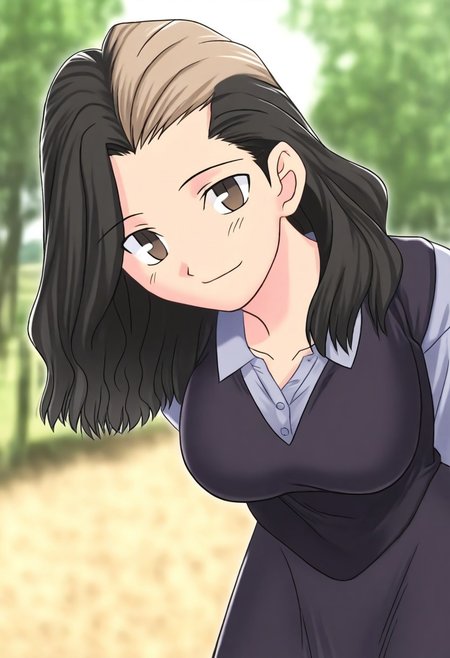masterpiece, best quality, <lora:Tsukihime NXL:1>,solo,masterpiece, best quality, 
1girl, female focus, large breasts,  solo, brown eyes, thin brown streaks in hair, black hair, thin blonde streaks in hair, multi-colored hair, medium hair,wavy hair, hair part, side part, hair slicked back, small mouth, short nose, small nose, cute face, soft hair,
outdoor, farm, sunny day, head tilt, hands behind back, leaning forward, quarter view,  innocent smile, cheerful feeling, feminine, girlish, cute