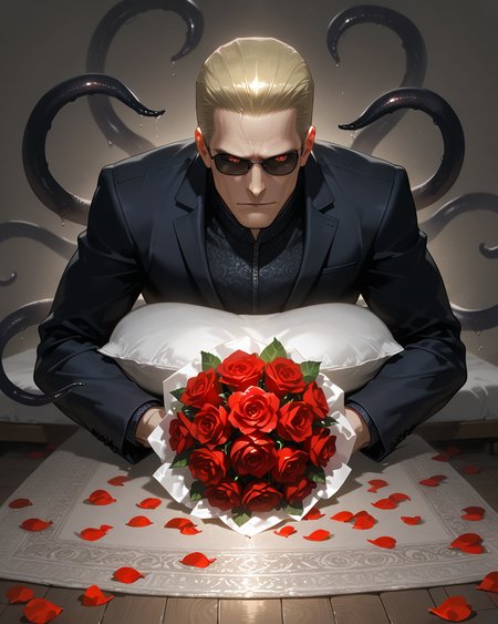 PonyScores7, source_anime, ah1
BREAK <lora:albertwesker-guy-PONYv1:0.8> albertwesker, albert wesker, 1boy, blonde, (sunglasses:1.3), looking at viewer, toned, athletic, fit, slicked back hair, mature male, short hair, (lying bed), (<lora:Indian_First_Night_Bed:0.8> bed, pillow, flower, heart, petals, rose, red flower, carpet, bouquet, red rose, rose petals, ornaments,), ((waving arms in frustration expression)), (focused, intense glare), (reddish orange eyes, slit pupils), (angular face, sharp_featured face), handsome, charming, alluring,  <lora:MC_superhuman:0.2> ((black tentacles, black tendrils))
BREAK <lora:xl_more_art-full_v1:0.2>, <lora:shinyskin2:0.2> glistening skin, <lora:aesthetic_anime_v1s:0.2>, <lora:Expressive_H:0.2> Expressiveh, <lora:hairdetailpxl:0.2> hairdetailpxl, <lora:EpicF4nta5yXL:0.2>, <lora:detailxl:0.2> detailxl, <lora:Fant5yP0ny:0.2>, best quality, amazing quality, best aesthetic, absurdres, <lora:expressive eyes:0.2> expressive eyes, <lora:eyedetailpxl:0.2> eyedetailpxl, illustration, Volumetric_Lighting, ultra-detailed, very aesthetic, intricate details, 8k, masterpiece, best_quality
BREAK (Bird's Eye View)
BREAK <lora:Eyes_High_Definition:0.3> EyesHD, Stable_Yogis_PDXL_Positives, AS-Adult, <lora:Complicated fantasy portrait - XL Pony V2.0:0.4>, bad-hands-5, AS-MidAged,
