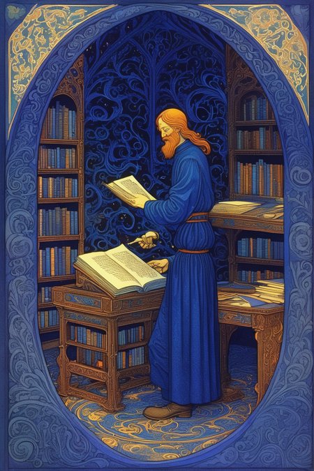 <lora:Ivan Bilibin Style:1>Ivan Bilibin Style - joyful Midlibrary Researcher by Ivan Bilibin. Deep blue hues