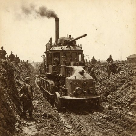 An aged worn sepia monochrome 1800s photograph of a steam powered mecha, turret with large canon, armless, no arms, walking robot, smokestacks up top, thick black smoke, walking through No-man's land between the allied trench line and the enemy trench line, soldiers in the trenches