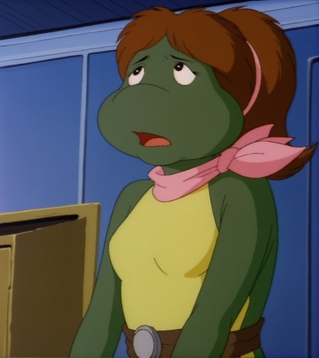 monalisatmnt, 1girl, green skin, belt, pink scarf, hairband, small breasts, upper body, indoors, looking up, open mouth, retro_artstyle, cartoon, source_cartoon, lowres, 1990s_(style), <lora:Mona_Lisa_TMNT_1987:1>
