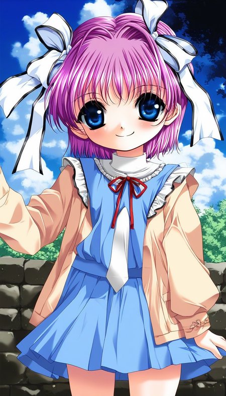 score_9, score_8_up, score_7_up, source_anime, rating_explicit, BREAK  <lora:Kago_Noa_Ver2.0_XL:1> KagoNoa, pink hair, purple hair, blue eyes, hair ribbon, white ribbon, short hair, otoko no ko,  flat chest, short stack,
1girl, solo, long sleeves, skirt, smile,
outdoor, sky,