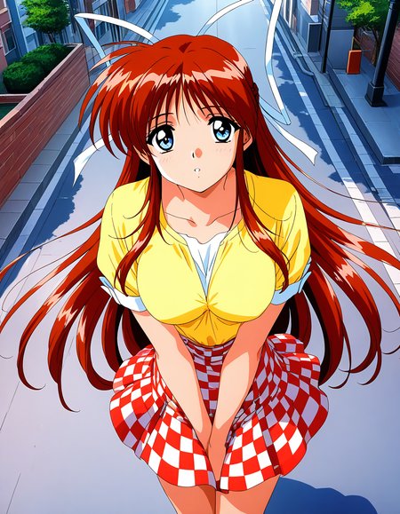general,highres, game cg, ultra-detailed,very aesthetic,best quality ,best hands,  BREAK <lora:Hinomori_Azusa_OVA_IS:1> 1990s \(style\),anime coloring, 
Hinomori_Azusa_OVA, 1girl, very long hair, brown hair, white ribbon, blue eyes, hair ribbon, breasts, bangs, 1990s \(style\),anime coloring, 
checkered skirt, red skirt, white shirt, yellow shirt, from above, looking at viewer, parted lips, street , city , crossroads,
cowboy_Shot,