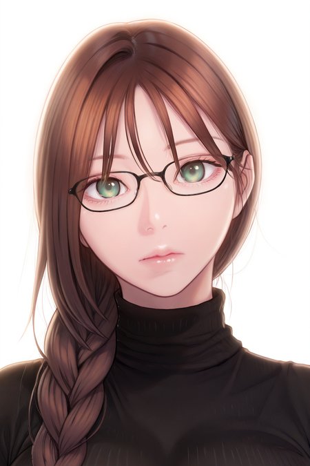 {{masterpiece,best quality,amazing quality,absurdres}}, 
BREAK
1girl, solo, white background, portrait, upper body, looking at viewer, brown hair, single braid, bangs, green eyes, black glasses, large breasts, black sweater, turtleneck, ribbed sweater, expressionless
 <lora:Park_Hyeongjun_-_Illustrious:1>