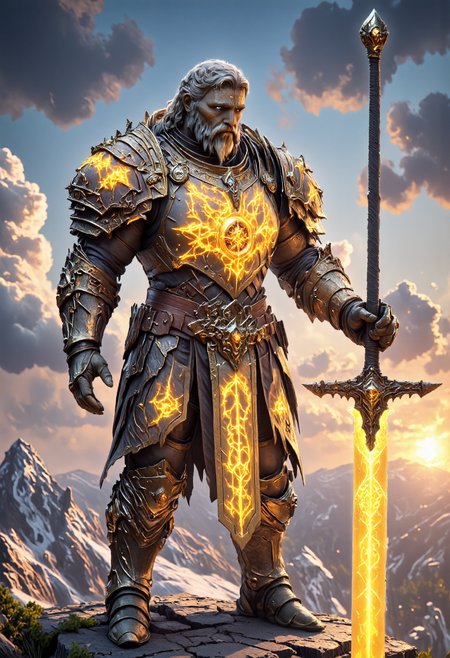 photoréalistic highly detailed  high-resolution  body-Shot photography featuring Tirion Fordring Old Noble Paladin, blue eyes, a wears a grey beard, grey mustache and grey long hair,he have large shoulders  .he wears an armor made of 24 carat gold, he wears pauldrons made of yellow crystal glass that glows with bright holy light,bordered with gold and gauntelts too. (he brandishes by its pommel a legendary longsword) of light named ashbringer with a big golden coin that glows embedded in the blade. he stands on a mountain .clear with some cloud and the sun is setting casting a warm atmosphere