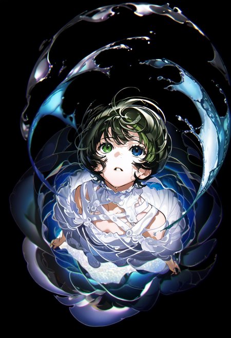 1girl, heterochromia, solo, looking up, parted lips, blue eyes, green eyes, short hair, dress, looking at viewer, water, white dress, green hair, black hair, black background, bangs <lora:yoneyamaiXL_NBVP1_lokr_V6311PZ:0.95>
