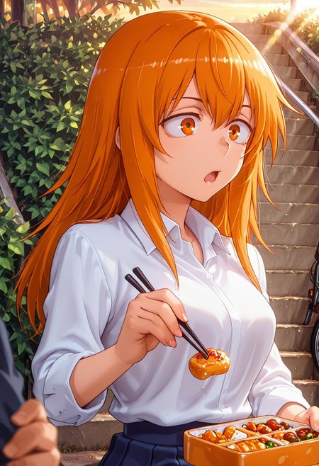 1girl, solo, masterpiece, best quality, newest, absurdres, CG, anime, source anime, illustration, very aesthetic, high resolution, ultra-detailed, newest, scenery, medium depth of field, rule of thirds, masterpiece-level, clean lines, 
BREAK 1girl, ((solo)), (solo focus:1.25), Gamou_Maki, orange_eyes, orange_hair, long_hair, hair_between_eyes, medium_breasts
 school_uniform, white_shirt, collared_shirt, pleated_skirt, blue_skirt, sleeves_rolled_up
sitting, eating bento, open mouth, holding chopsticks, closeup, upper body, dynamic pose
outdoors, stairs, bushes,hydrant, parked bicycle,  from both sides
cinematic angle, various angles, detailed background, beautiful background, (rays light:1.0),(grow:1.0) mystical, luminism, vibrant colors, light particles