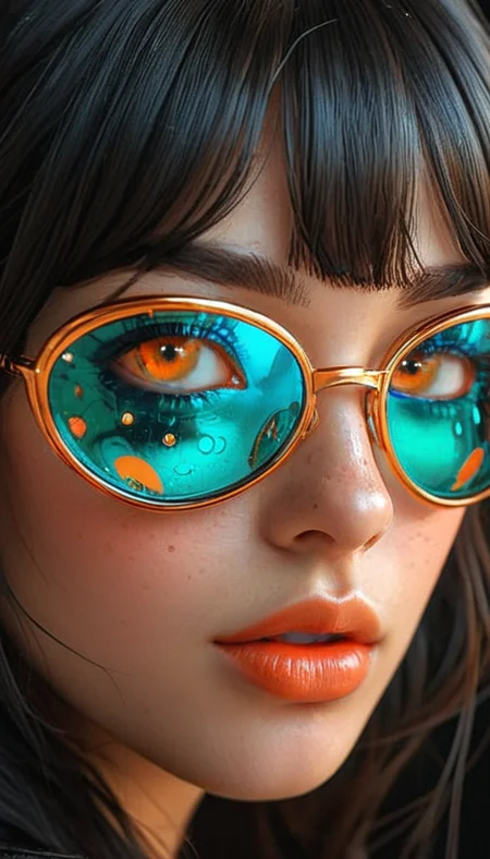 Close-up gorgeous girl face , cute, (bangs:1.1), freckles, light tan, striking green orange eyes, aligned eyes, mirror eyes, (half smile),
tsundere, cartoon style, comics style,  from side, 
(wearing very detailed Venetian Mask:1.1),  perfect hair,round black glasses,
BREAK,
very long lashes, trendy portrait,
tender Aesthetic nose, ears, puffy lips, sensual lips, detailed texture, detailed eyes, detailed skin, clean skin,
<lora:Someplastic:1>, (ultra sharp focus:1.8), (detailed skin:1.8), (thin lines:1.8), (best quality:1.8),
<lora:Apparatus_-_Traction_City_Walkers_Vehicles:0.7>,
<lora:add-detail-xl:2> (ultra sharp focus:1.8), (detailed skin:1.8), (thin lines:1.8), (best quality:1.8),
<lora:glowneon_xl_v1:0.8>