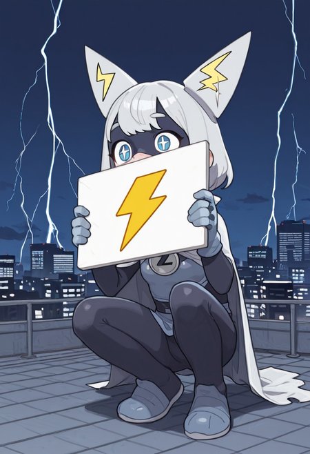 best quality, newest, absurdres, highres, high quality, masterpiece, source anime, 
super hero, crouching, rooftop, 
lightning bolt shaped ears, 
holding blank sign, sign saying "I'm Buzzman",
possmach,
city, night, detailed background,