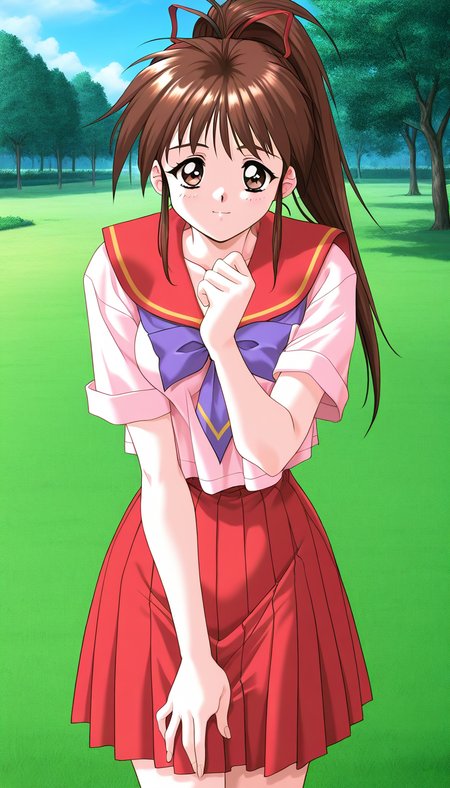 general,highres, game cg, ultra-detailed,very aesthetic,best quality ,best hands,  BREAK  <lora:Tanaka_Misa_IS:1>TanakaMisa, 1girl, brown hair,brown eyes, ponytail, long hair, breasts, hair ribbon, medium breasts,
school uniform, serafuku, red skirt, pleated skirt,  1990s (style), takei masaki style,
outdoor, day, grass,