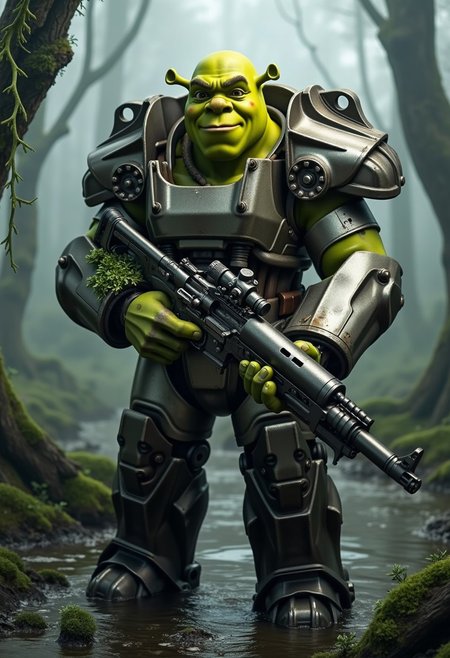 A detailed depiction of Shrek wearing T-60 power armor, standing in a murky, fog-filled swamp. The armor is battered and weathered, blending the industrial metallic look of the T-60 with subtle green accents that complement Shrek’s iconic appearance. His ogre face is fully visible, with a confident and slightly mischievous expression, unencumbered by a helmet. Shrek holds a futuristic rifle in his hands, its rugged design showing signs of wear, with bits of swamp vegetation clinging to its surface. The swamp setting is atmospheric, featuring gnarled trees, dense fog, and pools of water reflecting the dim, eerie light. Moss and vines drape over parts of the armor, seamlessly integrating Shrek into his swampy environment while emphasizing the imposing and unique juxtaposition of ogre and power armor. The scene balances humor, fantasy, and post-apocalyptic sci-fi in a richly detailed and immersive composition