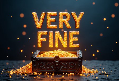 text floating in the air, a fatima magda of the words "Very Fine Text" hovering over a mystical glowing metal treasure trove.