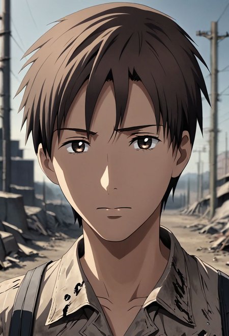 high resolution, solo, best quality, 1Boy, Takaki Toono, Brownish Hair, Brown Eyes, shallow depth of field, Post-Apocalyptic, survival, OverallDetail